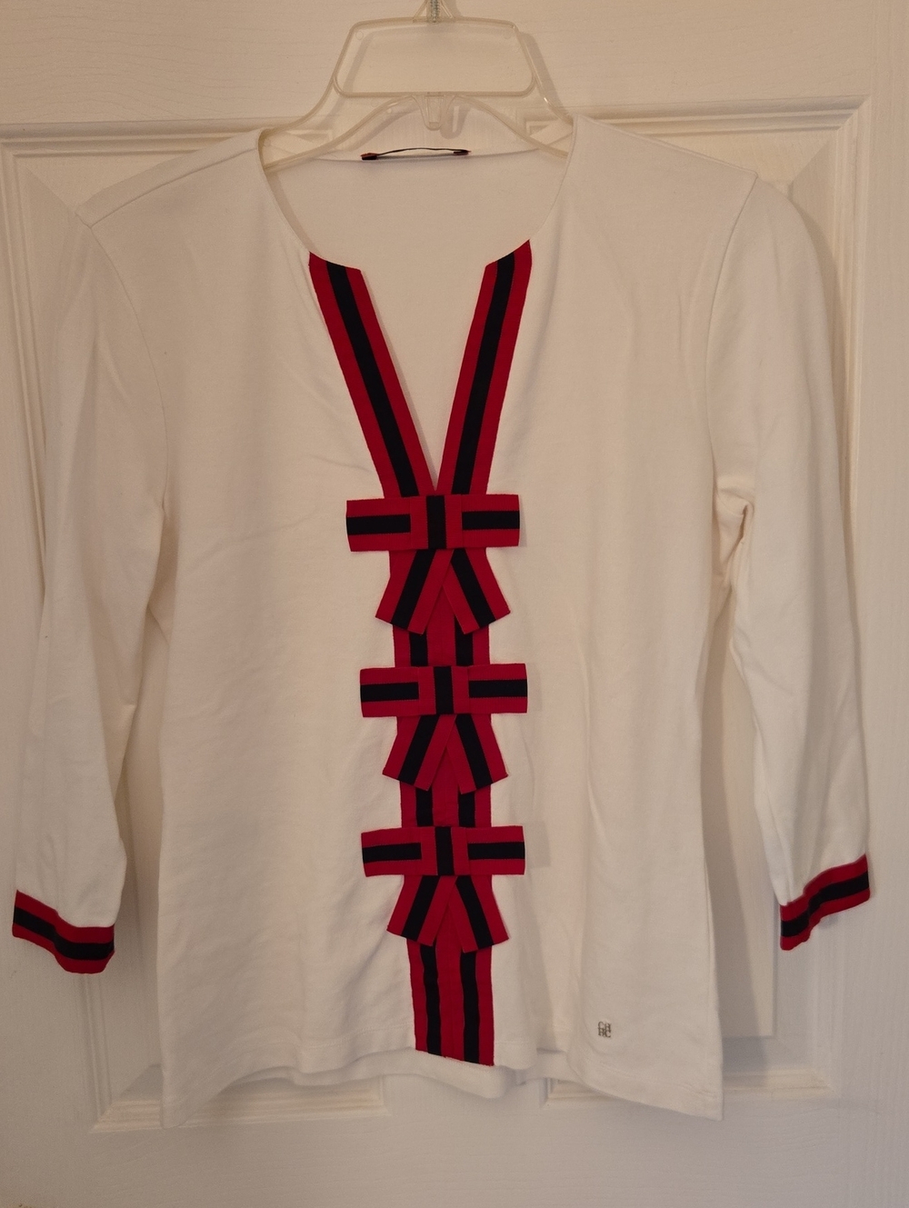 Carolina Herrera White Blouse with Red and Black Ribbon Detail